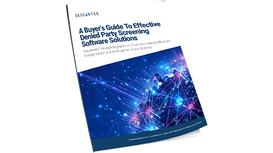 Cover of the Denied Party Screening Buyer's Guide showcasing a global trade network