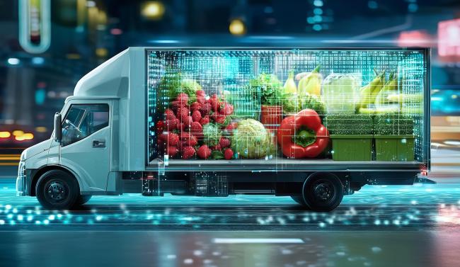 Digital truck full of fresh produce ready to deliver